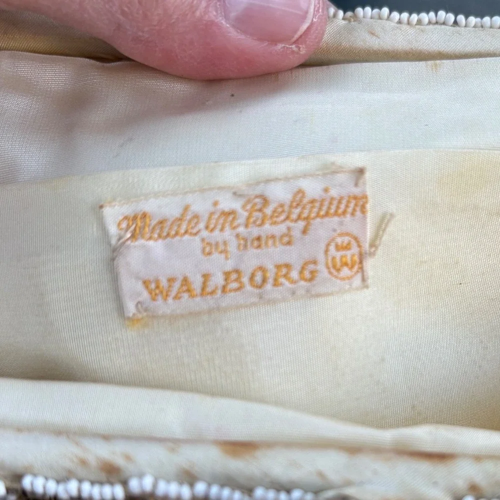 Walborg Vintage Hand Beaded Bag Made in‎ Belgium Cream Kiss Lock Evening Clutch